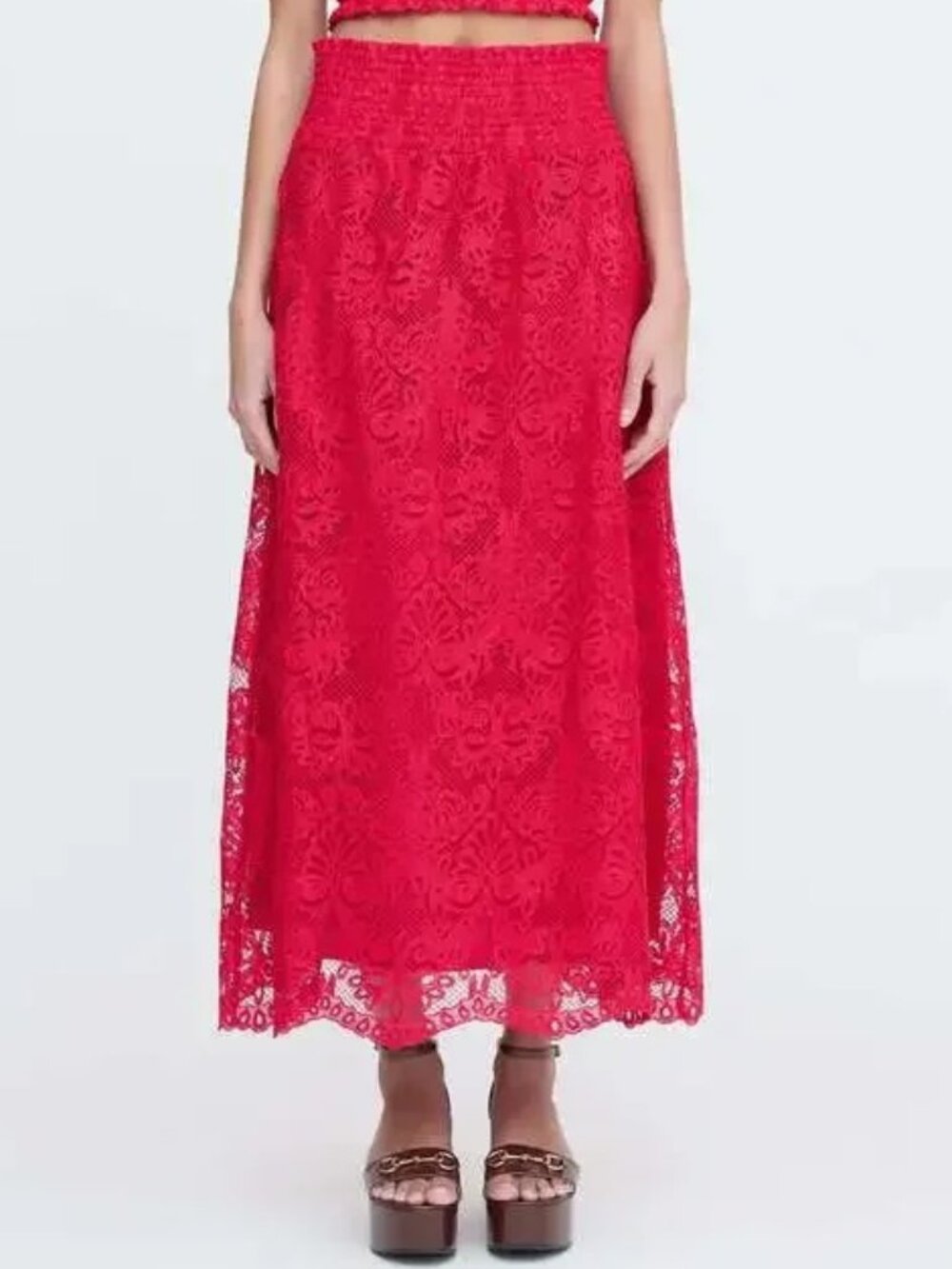 Hill House The Delphine Nap Midi Skirt Red Cerise Lace XL